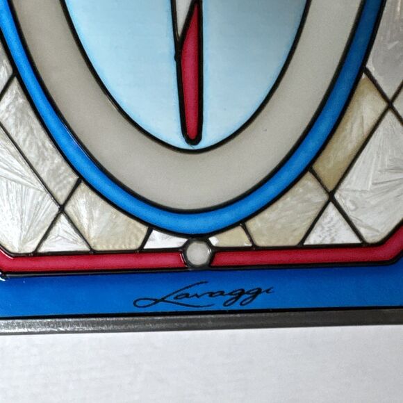 Lavaggi Signed American Angel Sun Catcher Stained Glass Metal Frame Chain Rare - Picture 4 of 11